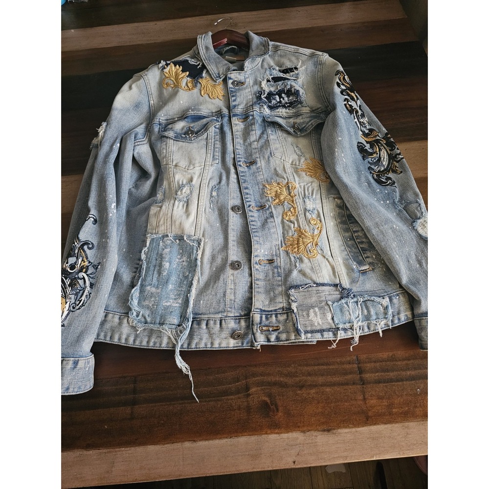 Smoke Rise DNM Co Denim Jacket Men's Large Distressed Embroidered BaroquRN 82930